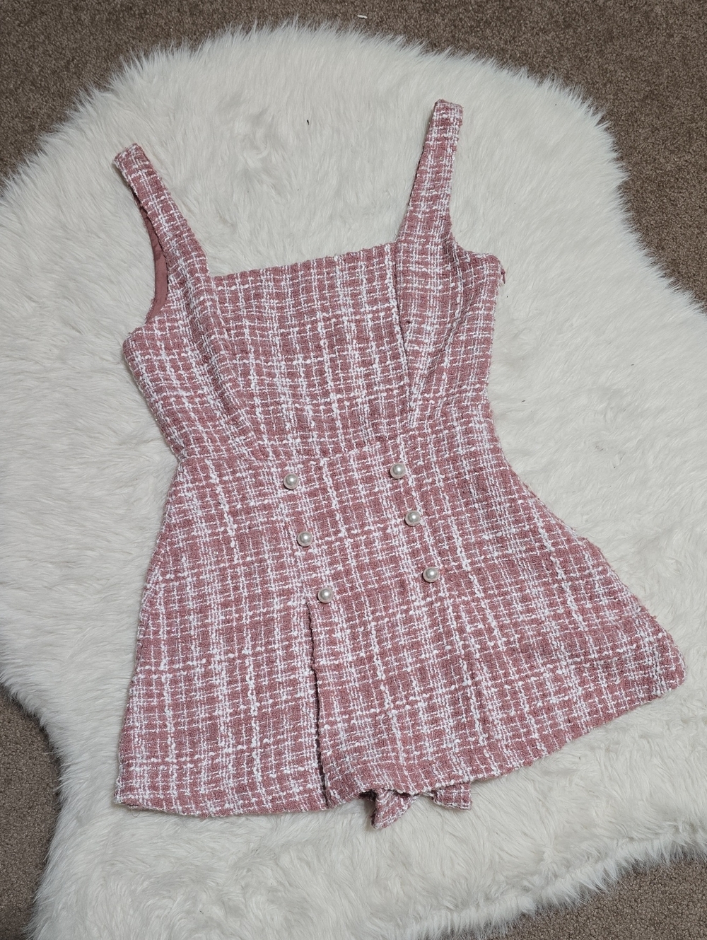 Forever 21 Pink Tweed Romper with Pearl Details